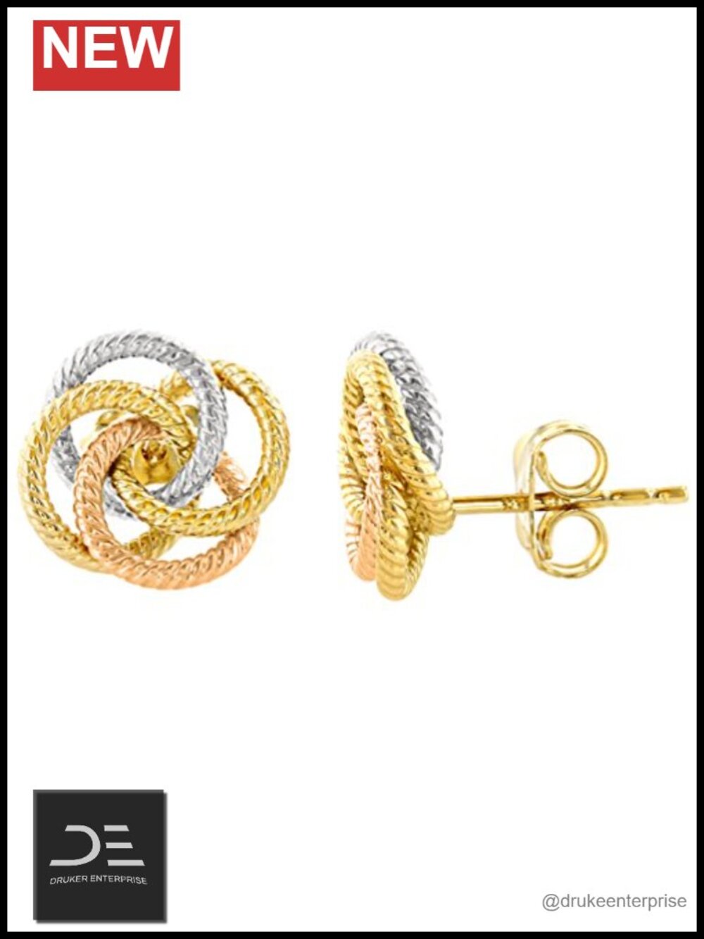 14K Tri-color Gold Love Knot Stud Earrings 10mm Rope Design